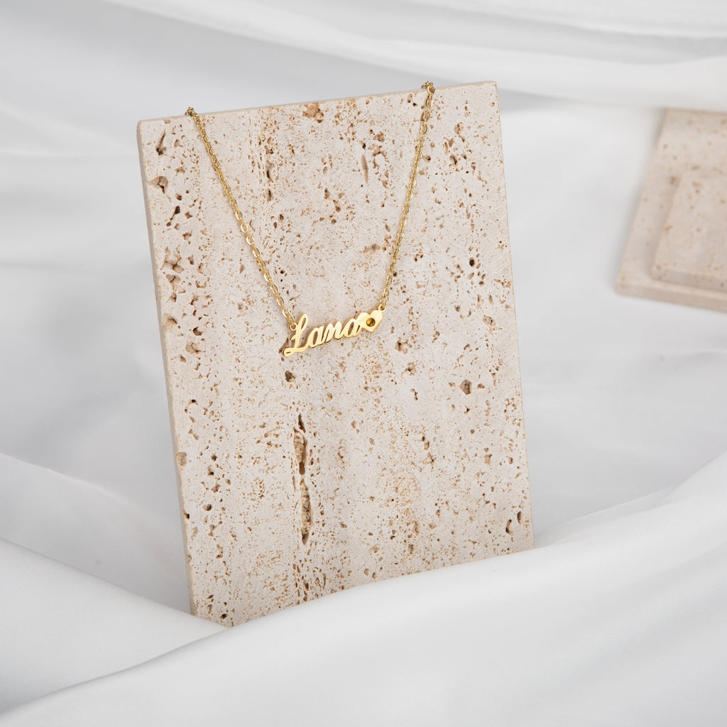 Collar con Nombre y Corazón con Gema Natal