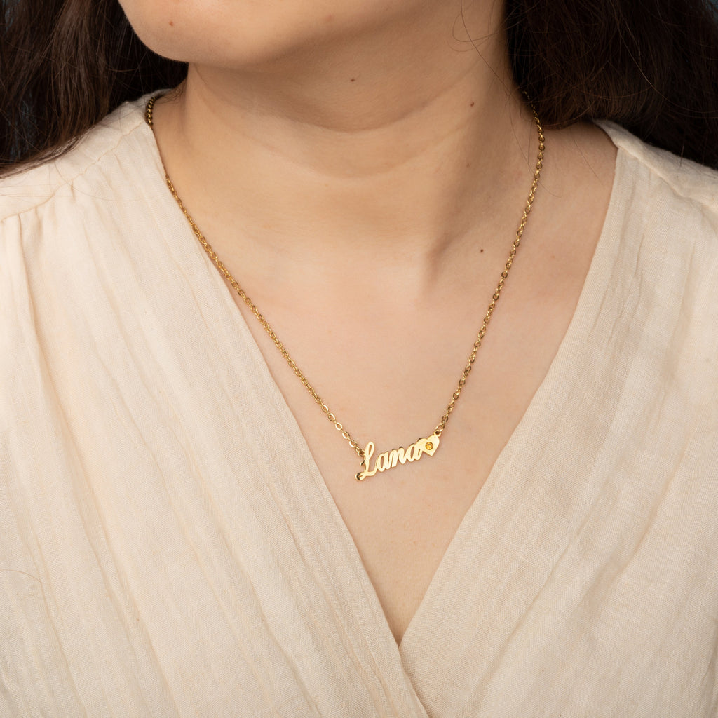 Collar con Nombre y Corazón con Gema Natal
