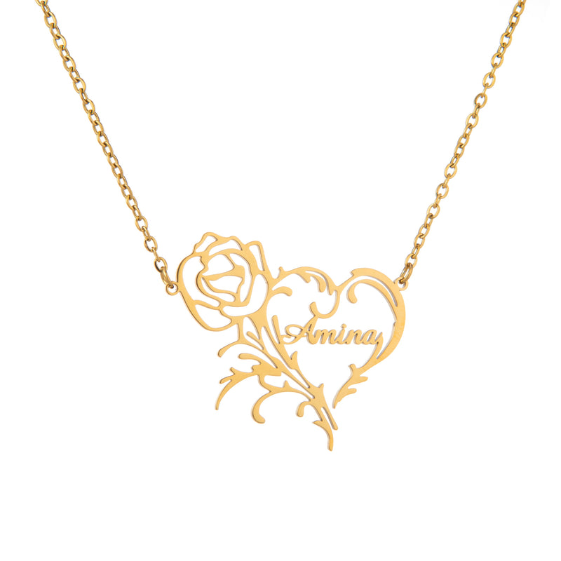 Collar con Rosa y Corazón Grabado