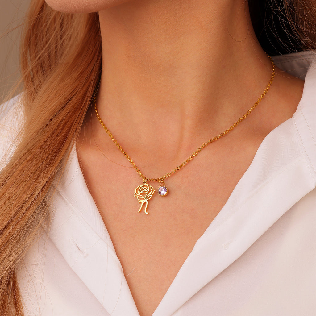 Collar Flor Grabada con Piedra Personalizada
