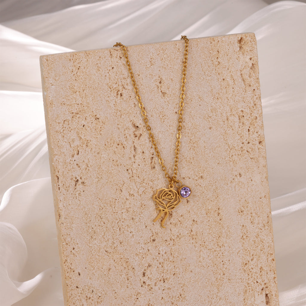 Collar Flor Grabada con Piedra Personalizada